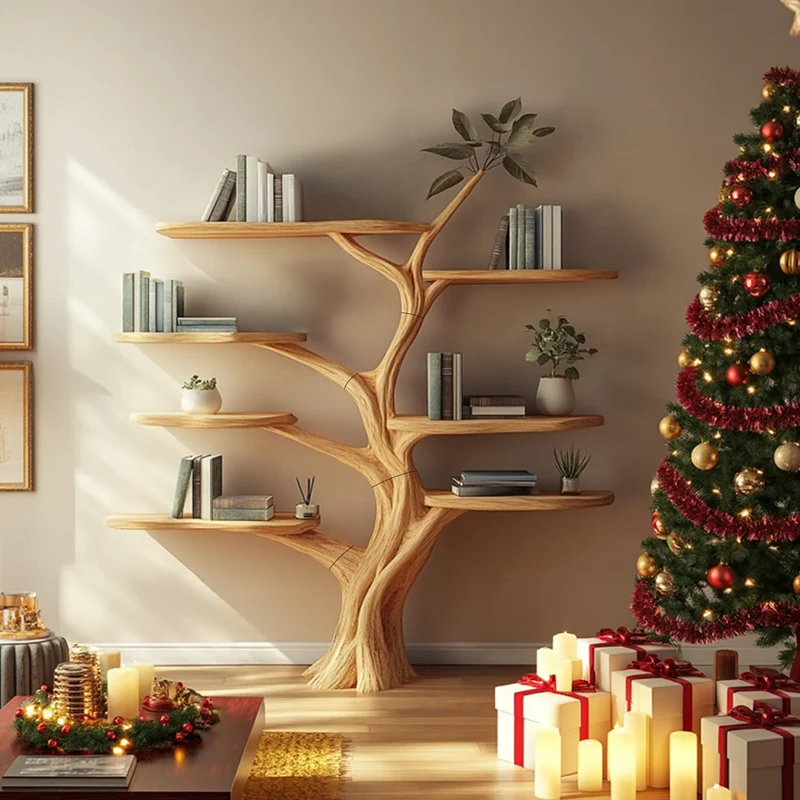 Spry Interior Rustic Christmas Tree Wall Shelf, Handcrafted Solid Wood Floating Display Bookshelf for Entryway Decor, SINLKITB579