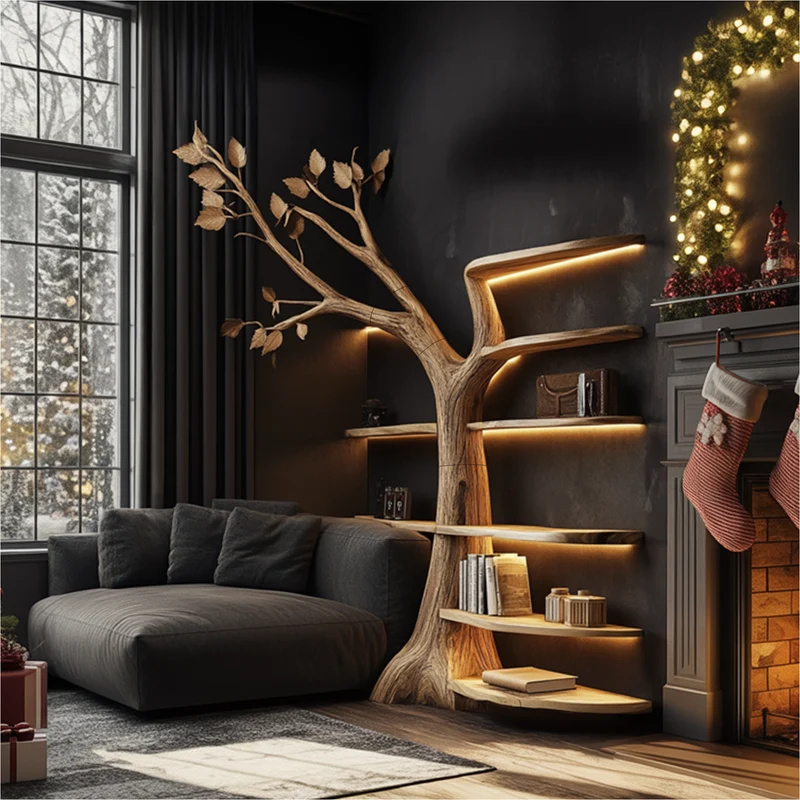 Spry Interior Rustic Tree-Shaped Wall Bookshelf, Solid Wood Branch Floating Shelf for Living Room & Entryway Decor, SINLKITB587