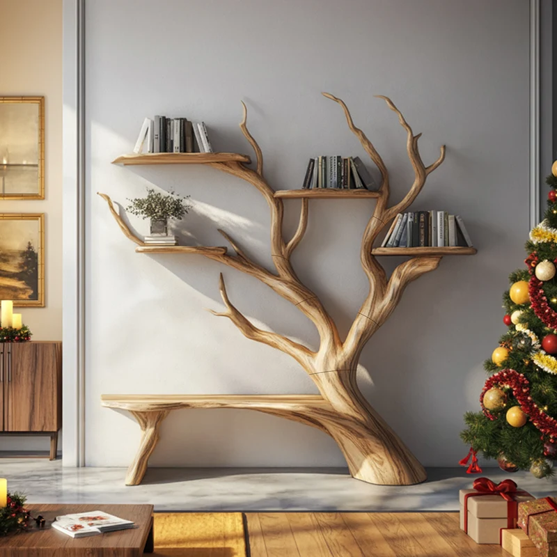 Spry Interior Rustic Tree Bookshelf & Bench, Handcrafted Solid Wood Display Rack, Unique Living Room Corner Organizer, SINLKITB582