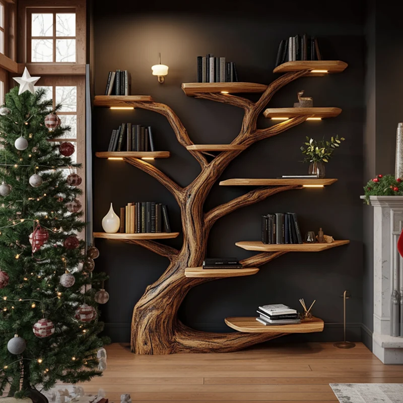 Spry Interior Rustic Tree-Shaped Display Shelf, Handcrafted Solid Wood Wall Bookshelf for Living Room Holiday Decor, SINLKITB593