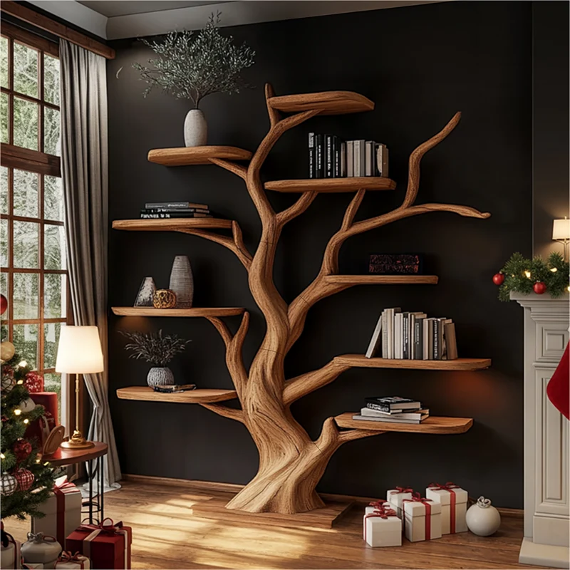 Spry Interior Rustic Tree-Shaped Display Shelf, Solid Wood Wall Bookshelf, Handcrafted Holiday Decor for Living Room, SINLKITB591
