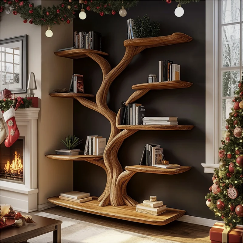 Spry Interior Rustic Christmas Tree Wall Shelf, Handcrafted Solid Wood Floating Bookcase, Holiday Display for Living Room, SINLKITB590