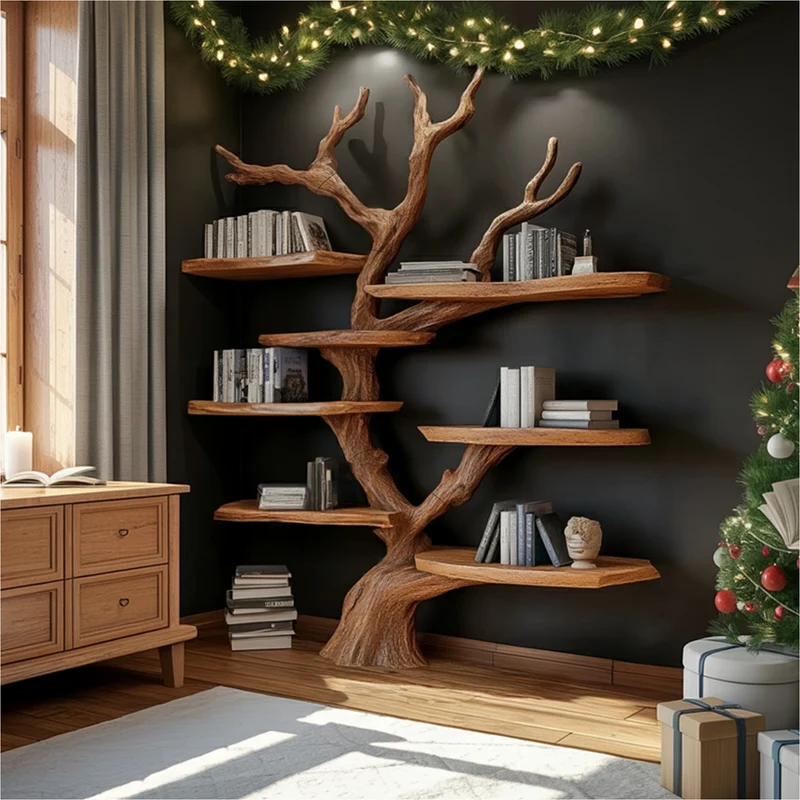 Spry Interior Rustic Tree-Shaped Wall Shelf, Handmade Solid Wood Display Bookcase for Living Room & Holiday Decor, SINLKITB597