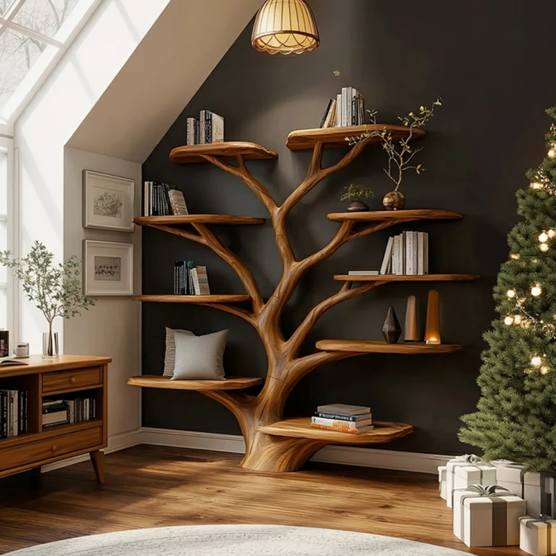 Spry Interior Rustic Christmas Tree Shelf, Handmade Solid Wood Wall Bookshelf, Holiday Display Shelf for Living Room, SINLKITB596