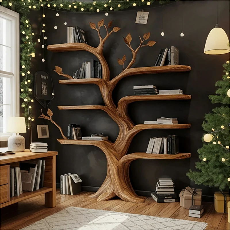 Spry Interior Rustic Christmas Tree Wall Shelf, Solid Wood Display Bookcase for Living Room & Entryway Holiday Decor, SINLKITB594
