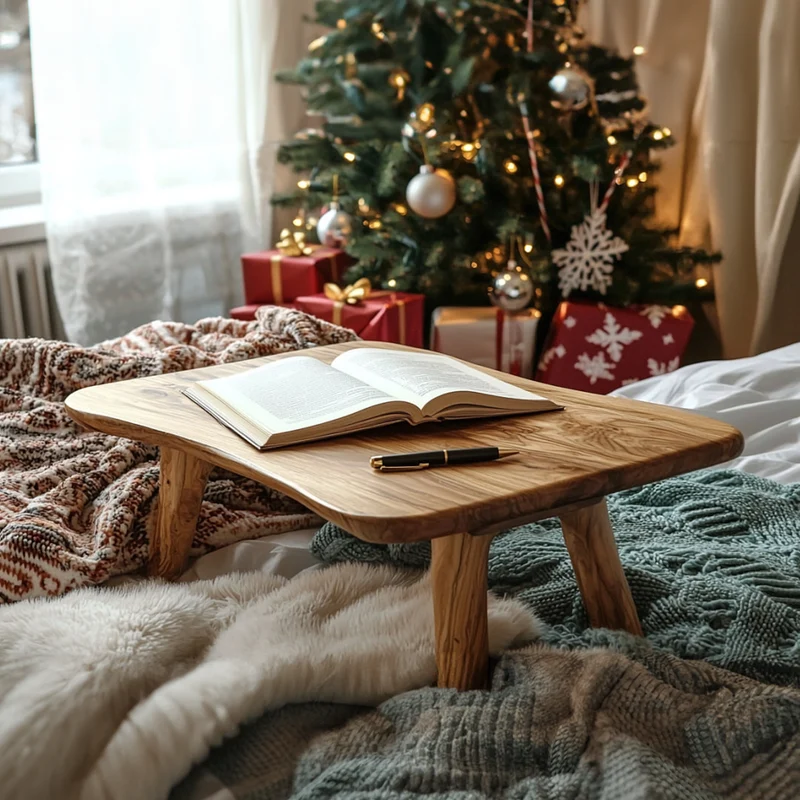 Spry Interior Rustic Live Edge Breakfast Bed Table, Handcrafted Solid Wood Lap Desk & Laptop Tray for Bedroom Cozy Morning, SINLKIDK069
