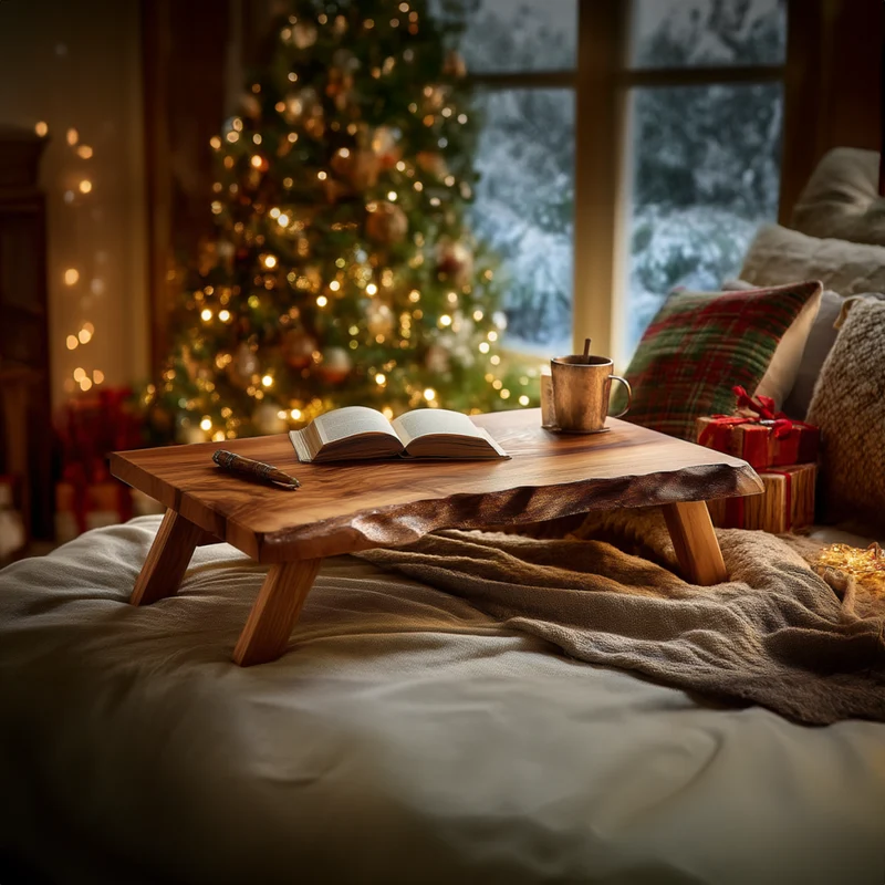 Spry Interior Rustic Solid Wood Bed Table, Handcrafted Laptop Lap Desk & Cozy Bedroom Breakfast Tray, Natural Wood Decor, SINLKIDK066