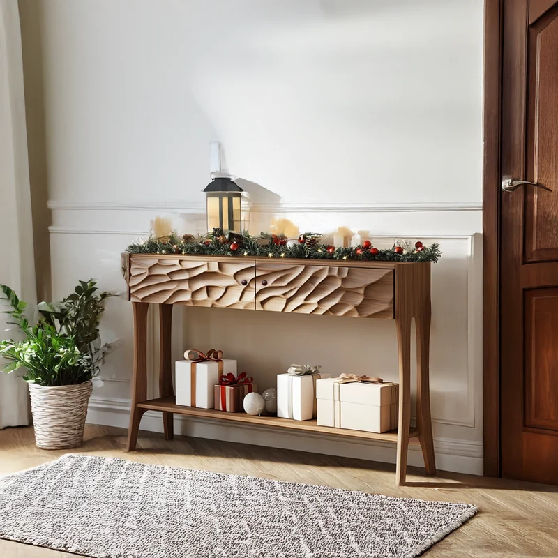 Spry Interior Mid Century Modern Carved Console Table, Handcrafted Solid Wood Foyer Display, Entryway & Living Room Decor, SINLSACS335