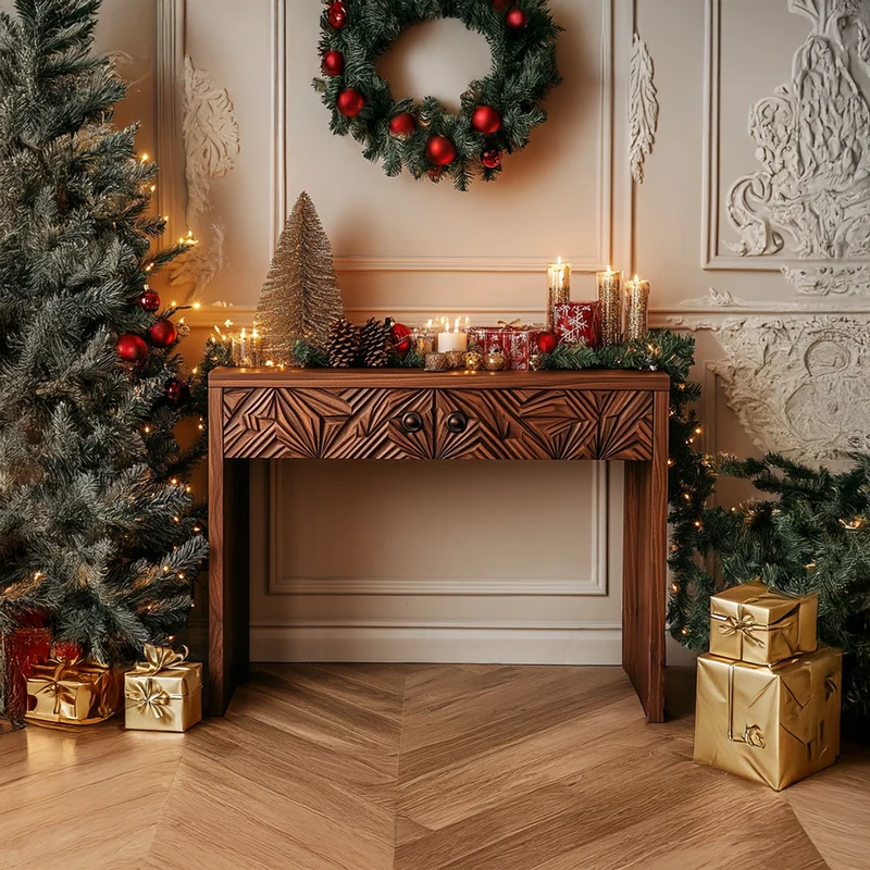Spry Interior Rustic Carved Console Table, Handcrafted Solid Wood Entryway Table, Unique Foyer Holiday Display Table, SINLSACS339