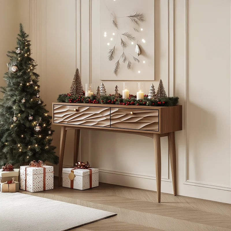 Spry Interior Mid Century Modern Carved Console Table, Handcrafted Solid Wood Entryway & Living Room Foyer Accent Table, SINLSACS337