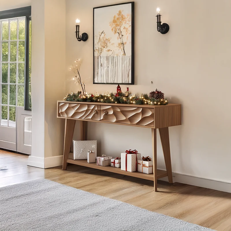 Spry Interior Mid Century Modern Carved Console Table, Solid Wood Handcrafted Entryway Table, Living Room Foyer Decor, SINLSACS336