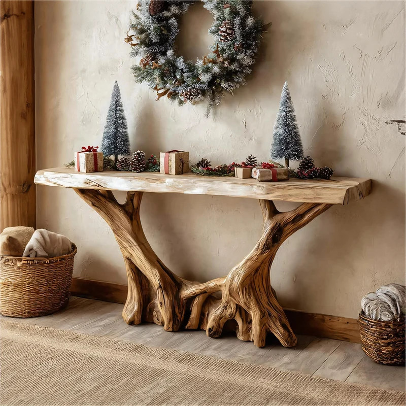 Spry Interior Rustic Sculptural Console Table, Solid Wood Handcrafted Foyer Table, Unique Living Room Holiday Accent Table, SINLKICS361