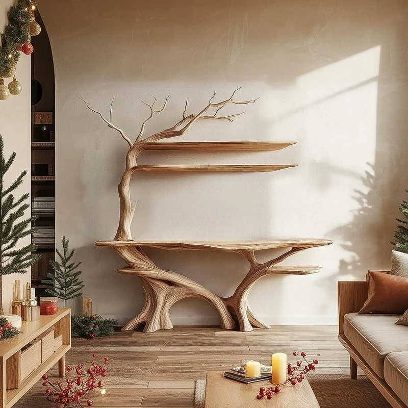 Spry Interior Rustic Tree Console Table, Sculptural Solid Wood Branch Base, Handcrafted Entryway & Foyer Holiday Table, SINLSACS388
