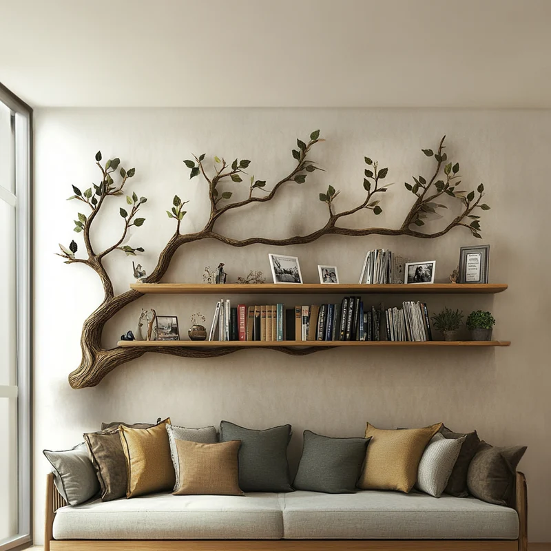 Spry Interior Rustic Tree Branch Wall Shelf, Handcrafted Solid Wood Decorative Book Display Rack for Living Room, SINLKITBS043