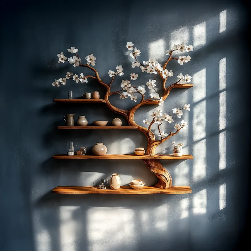 Spry Interior Rustic Tree Branch Bookshelf, Wall Mounted Solid Wood Book Display & Modern Wall Organizer for Bedroom, SINLSATBS050