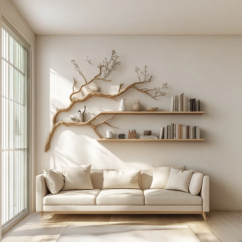 Spry Interior Rustic Organic Tree Display Shelf, Handcrafted Solid Wood Wall Mounted Bookshelf & Decorative Wall Art, SINLSATBS055
