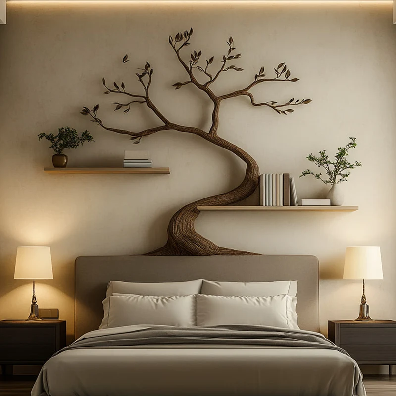 Spry Interior Mid-Century Tree Wall Bookshelf, Artistic Solid Wood Branch Floating Display Organizer for Modern Bedroom, SINLKITBS095