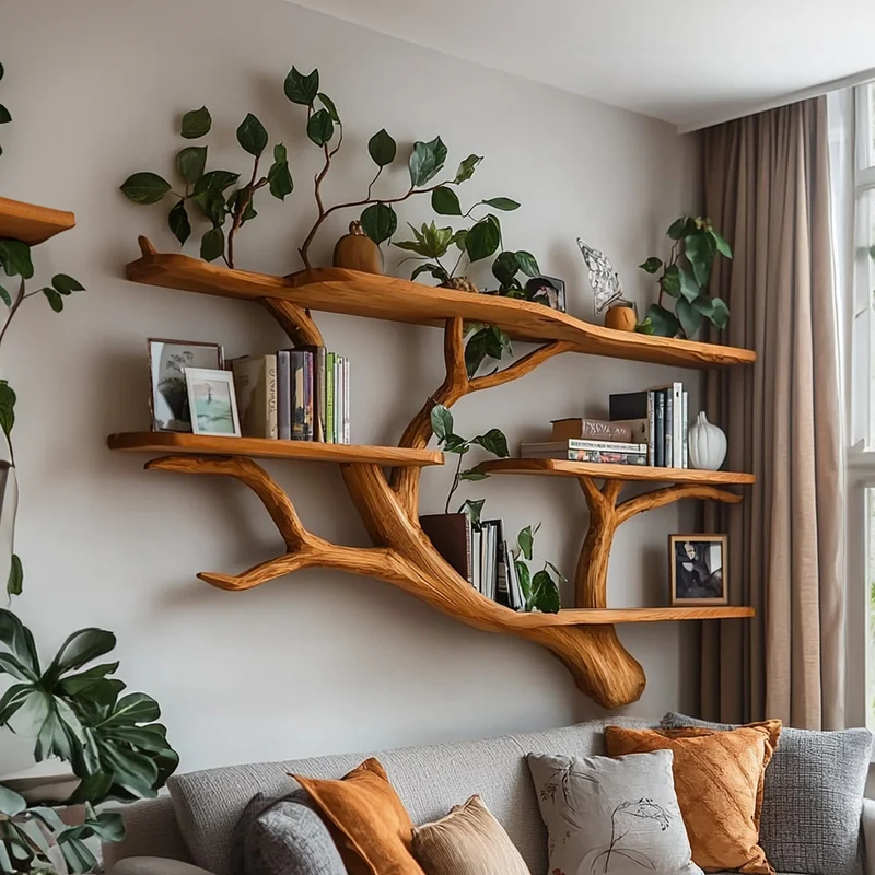 Spry Interior Rustic Organic Tree Wall Bookshelf, Sculptural Solid Wood Hanging Display Organizer for Modern Living Room, SINLKITBS057