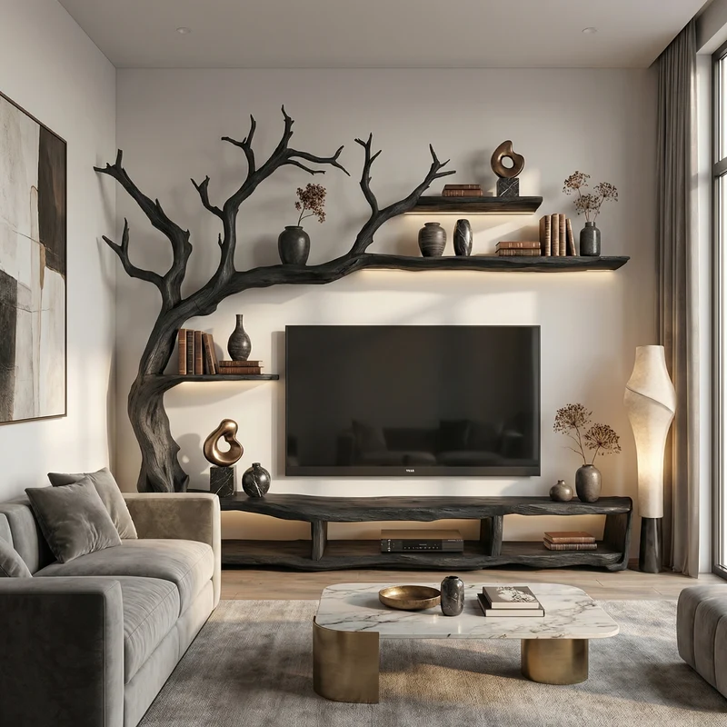 Rustic Organic Tree Branch TV Shelf Contemporary Home SINLSATB514