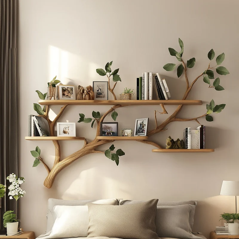 Spry Interior Rustic Organic Tree Branch Wall Shelf, Handcrafted Solid Wood Bookshelf & Display Rack for Living Room, SINLKITBS058