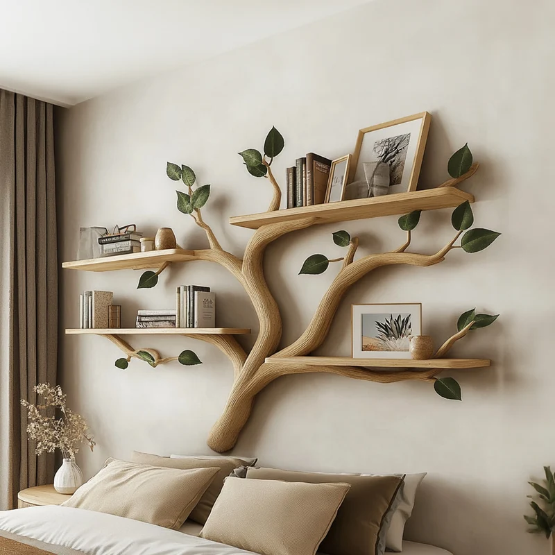 Spry Interior Rustic Tree Wall Bookshelf, Handcrafted Solid Wood Decorative Display Shelf for Entryway & Bedroom, SINLKITBS062