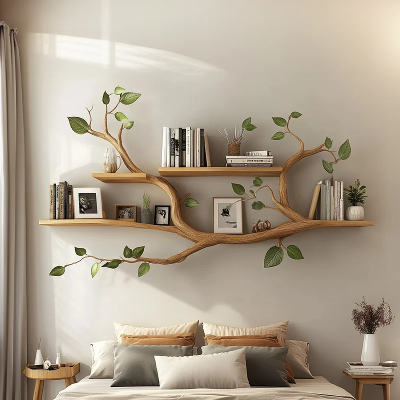 Spry Interior Minimalist Tree Branch Floating Wall Shelf, Handcrafted Solid Wood Artistic Book Display Rack, SINLKITBS060