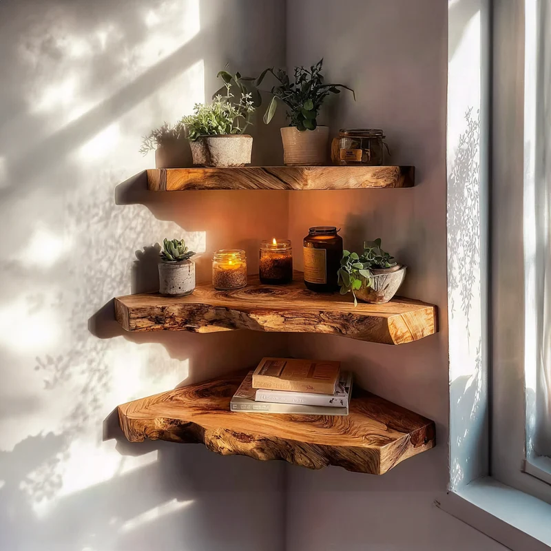 Spry Interior Rustic Floating Corner Storage Shelf, Waterproof Solid Wood Corner Rack Organizer for Bathroom & Bedroom, SINLKIFL206
