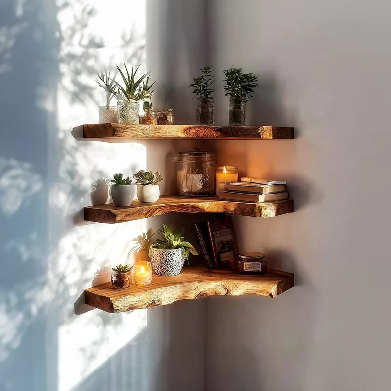 Spry Interior Rustic Floating Corner Wall Shelf, Solid Wood Space Saving Corner Display Bookshelf for Entryway & Kitchen, SINLKIFL208