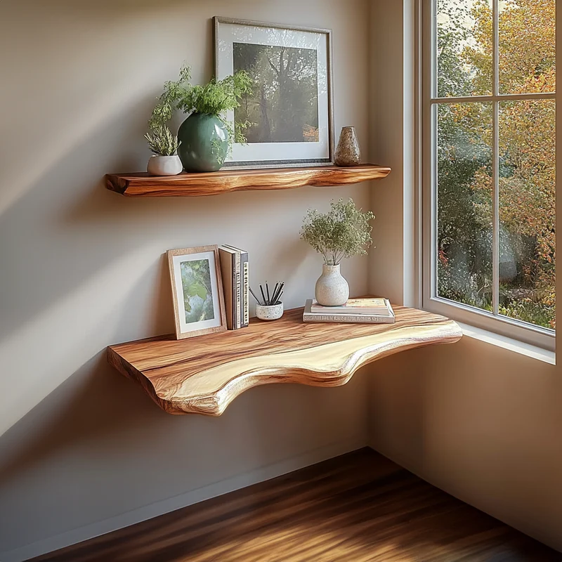 Spry Interior Mid-Century Floating Wall Desk, Space Saving Solid Wood Computer Study Desk & Floating Storage Shelf, SINLKIFL217