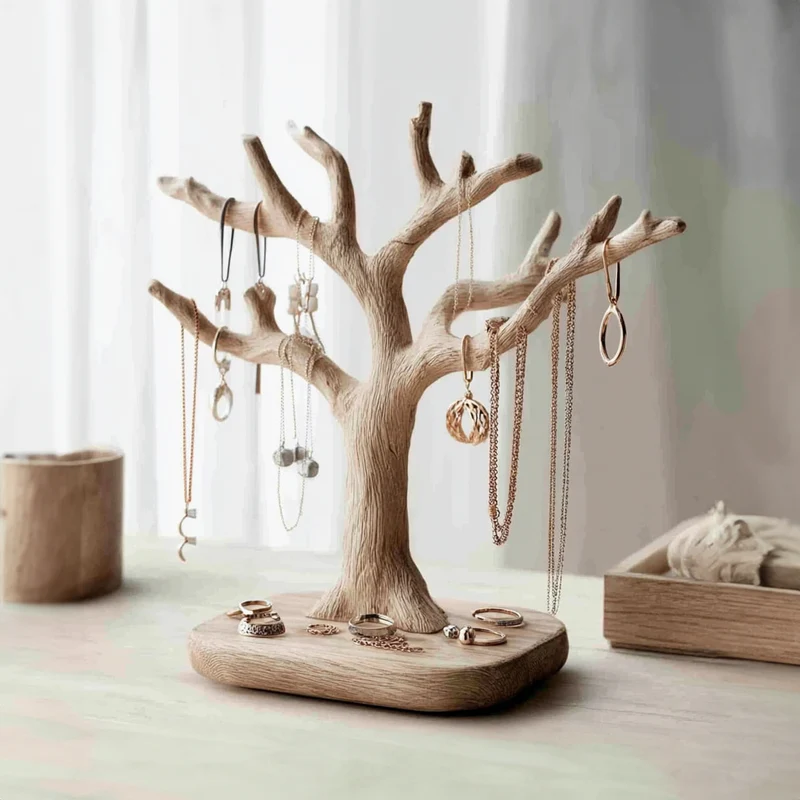 Rustic Solid Wood Jewelry Tree Organizer Handmade SINLKITJR004