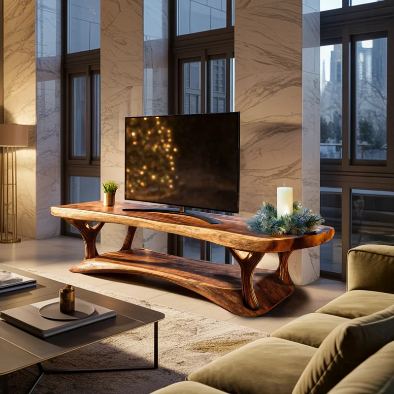 Spry Interior Mid-Century Solid Wood TV Console, Live Edge Entertainment Center Media Stand Cabinet for Living Room, SILDTTRCTV005