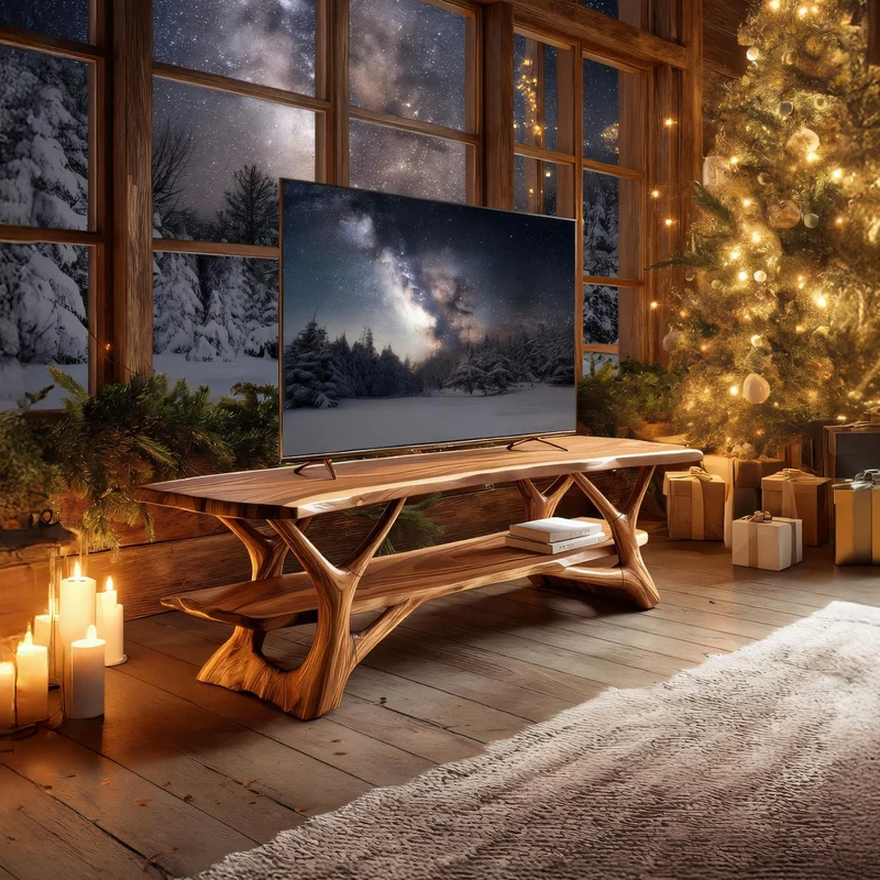 Spry Interior Mid-Century Solid Wood TV Console, Live Edge Media Center Credenza & Entryway Bench Table for Living Room, SILDTTRCTV013