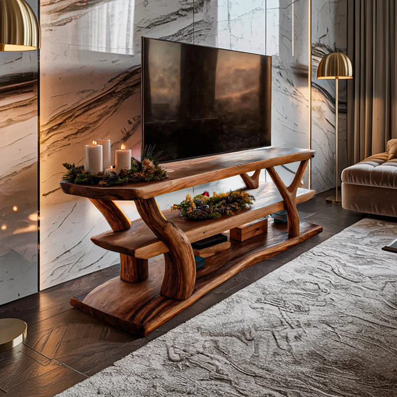 Spry Interior Mid-Century Wooden Live Edge TV Console, Solid Wood Low Profile Entertainment Media Center Cabinet, SILDTTRCTV009