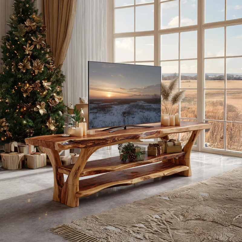 Spry Interior Modern Solid Wood TV Console, Handcrafted Live Edge Entertainment Center & Media Credenza Cabinet, SILDTTRCTV028