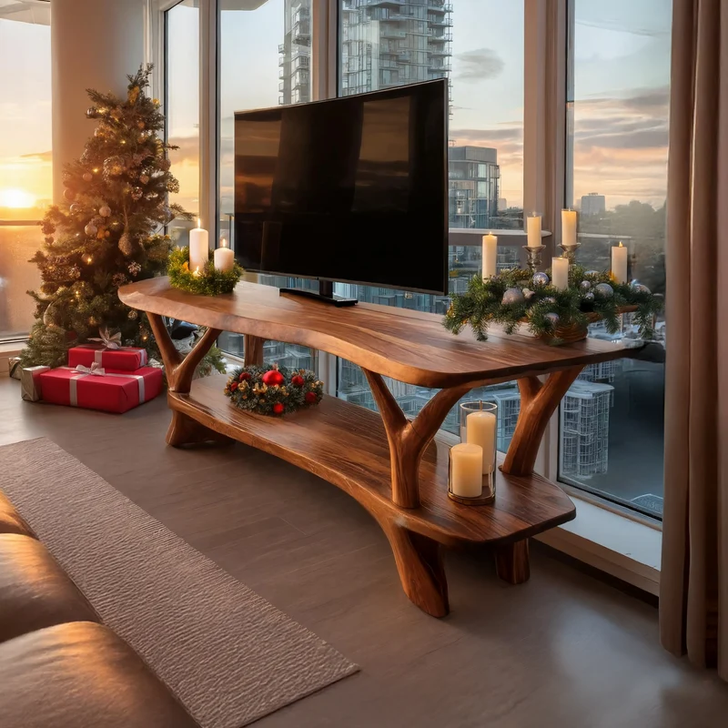Spry Interior Mid-Century Solid Wood TV Console, Handcrafted Live Edge Media Stand & Entryway Storage Cabinet, SILDTTRCTV033