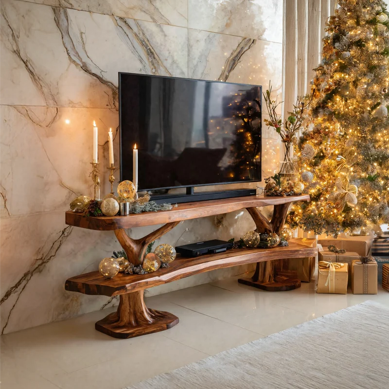 Spry Interior Modern Wooden Live Edge TV Console, Handcrafted Solid Wood Media Stand & Living Room Credenza Table, SILDTTRCTV040