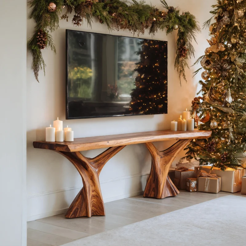 Spry Interior Handcrafted Wooden Live Edge TV Console, Solid Wood Low Profile Media Stand & Living Room Credenza, SILDTTRCTV043