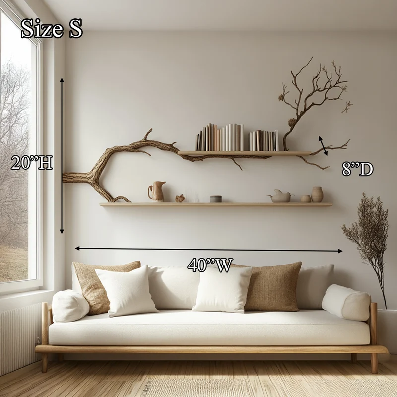 Spry Interior Rustic Tree Branch Wall Floating Shelf, Contemporary Solid Wood Artistic Bookshelf for Living Room Decor, SINLSATBS040
