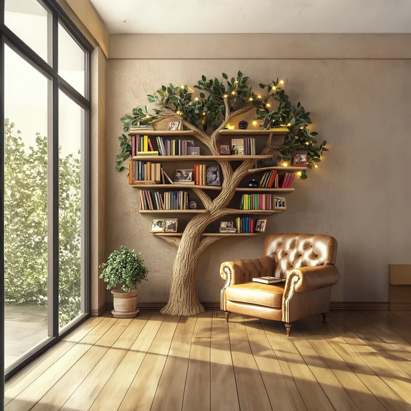 Rustic Tree Wall Bookshelf Warm Reading Corner SINLKITB534