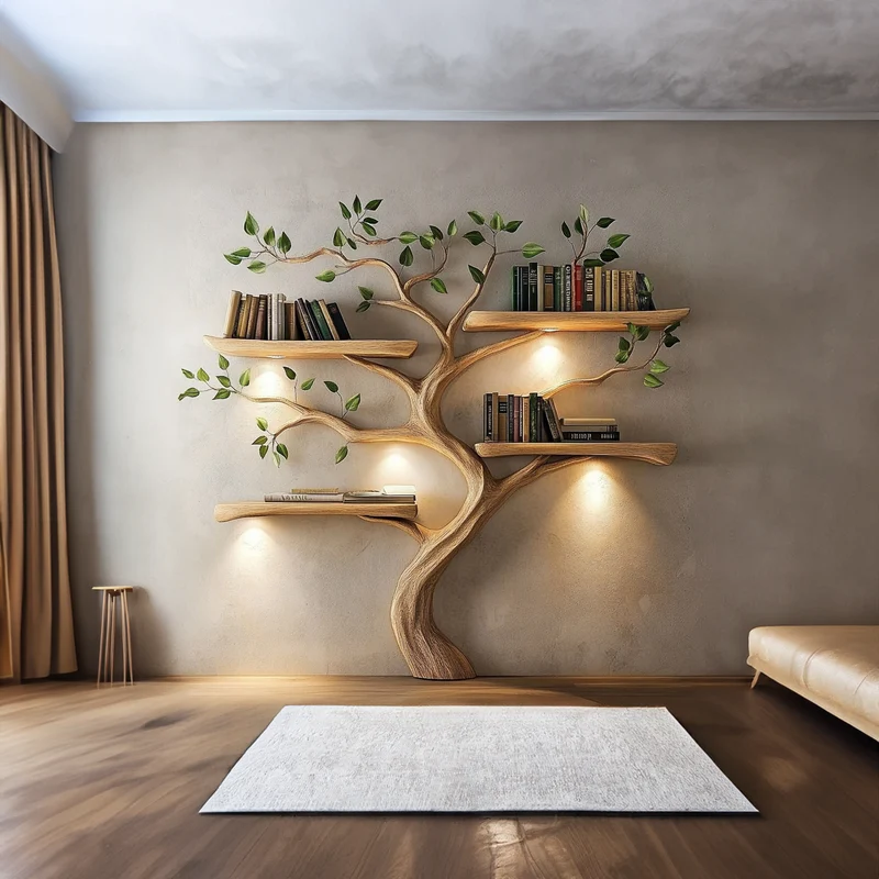 Spry Interior Rustic Tree Bookshelf, Solid Wood Branch Design Wall Floating Shelf and Bookcase for Modern Living Room, SINLKITB531