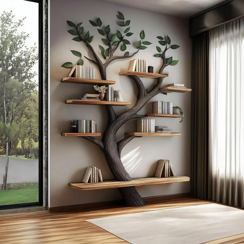 Spry Interior Rustic Tree Wall Bookshelf & Floating Display Rack, Handcrafted Solid Wood Branch Bookcase for Bedroom, SINLKITB548