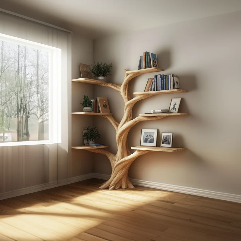 Spry Interior Rustic Organic Tree Corner Shelf, Solid Wood Branch Wall Floating Bookshelf for Bedroom & Cozy Living Room, SINLKITB536