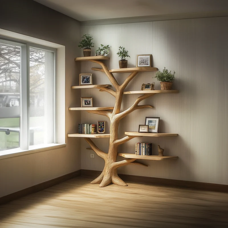 Spry Interior Rustic Tree Corner Bookshelf, Vertical Solid Wood Branch Bookcase & Wall Storage Rack for Bedroom & Living Room, SINLKITB537