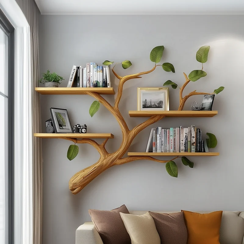 Spry Interior Mid Century Tree Branch Wall Floating Shelf, Modern Solid Wood Hanging Bookshelf & Display Rack for Living Room, SINLKITBS042