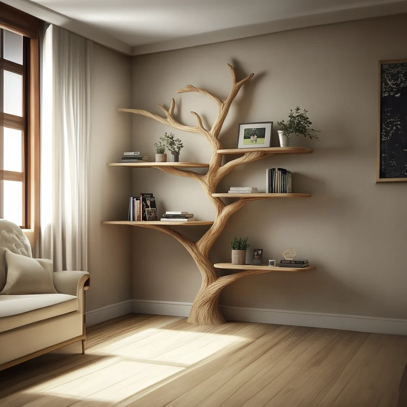 Spry Interior Rustic Organic Tree Branch Wall Display Shelf, Solid Wood Floating Bookshelf for Cozy Reading Nook & Bedroom, SINLKITB538