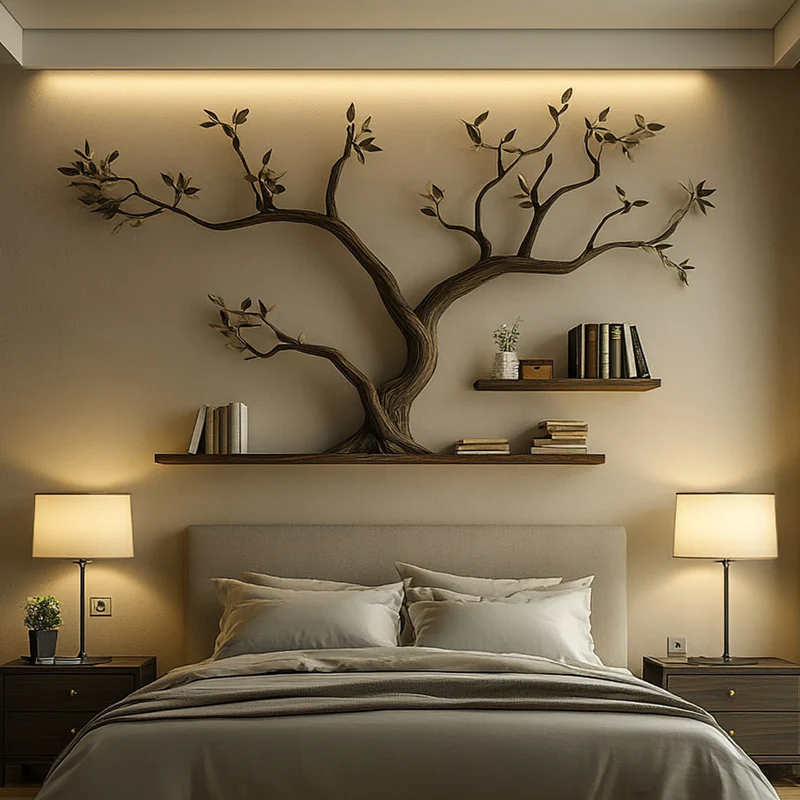Spry Interior Mid Century Tree Branch Floating Wall Shelf, Modern Solid Wood Hanging Bookshelf for Unique Bedroom Decor, SINLKITBS091