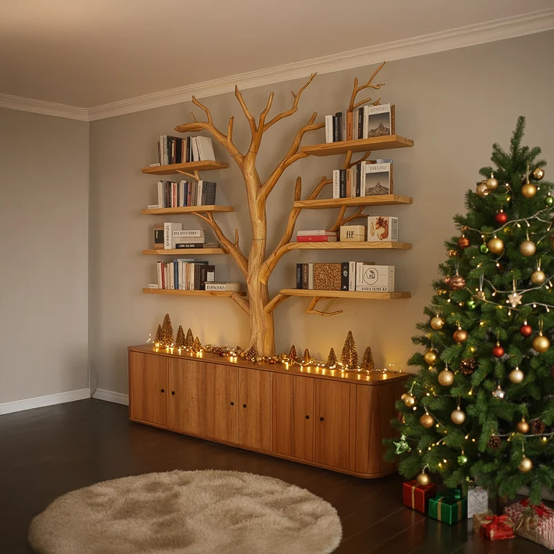 Spry Interior Rustic Solid Wood Tree Bookshelf & Storage Cabinet, Artistic Branch Bookcase for Cozy Living Room Decor, SINLSATB547