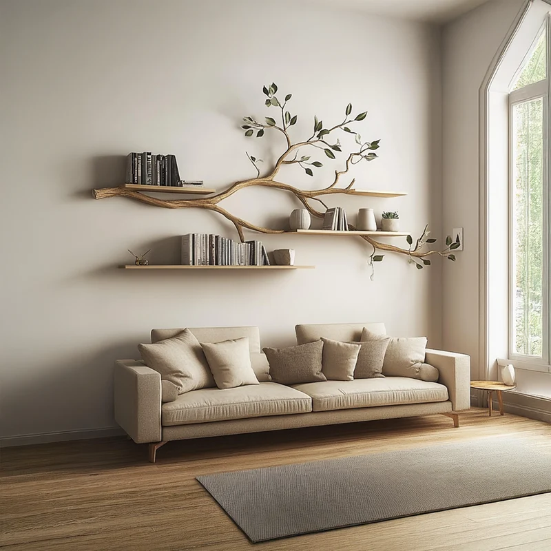 Spry Interior Rustic Tree Branch Floating Wall Shelf, Handcrafted Solid Wood Artistic Hanging Bookshelf for Living Room Decor, SINLSATBS052