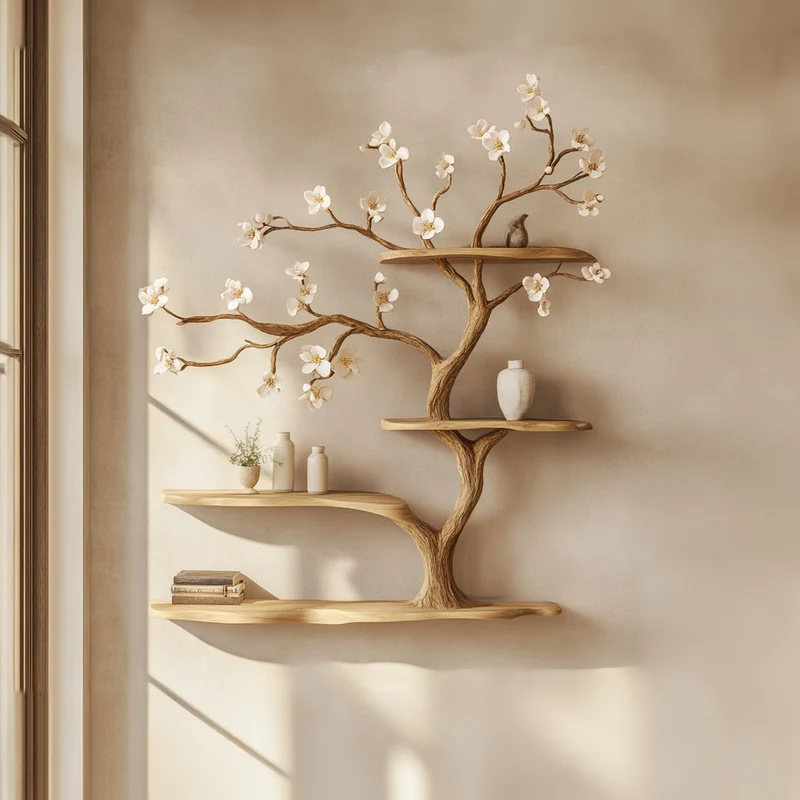 Spry Interior Rustic Solid Wood Tree Flower Shelf, Artistic Branch Wall Hanging Plant & Book Display for Bedroom or Living Room, SINLKITBS080