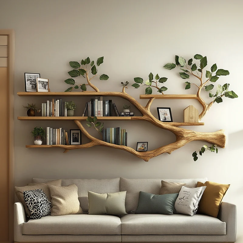 Spry Interior Rustic Tree Branch Wall Floating Shelf, Modern Solid Wood Artistic Bookshelf Display for Living Room & Bedroom, SINLKITBS056